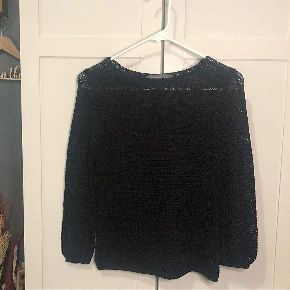 Josephine Chaus Black Open Knit Sweater Boat Neck Mesh Long Sleeve Top Medium